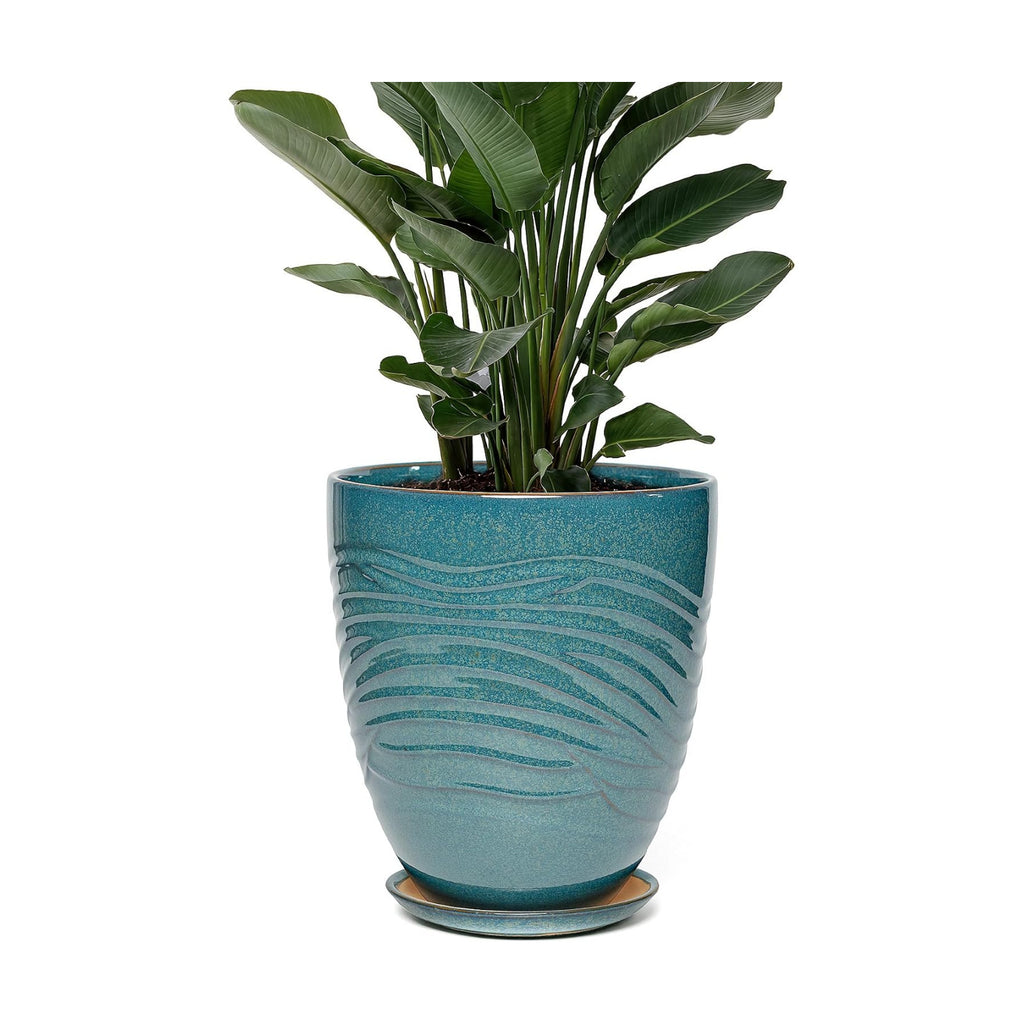 9.5 Inch Modern Ceramic Plant Pot with Saucer, Flower Pot with Drainage Hole Mesh Net,Indoor Outdoor Planter