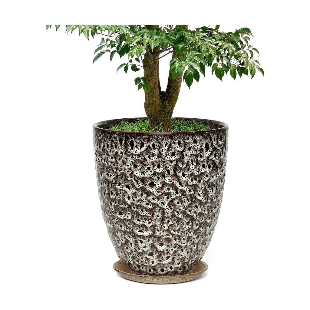 11.8 Inch Modern Ceramic Plant Pot with Saucer, Flower Pot with Drainage Hole Mesh Net,Indoor Outdoor Planter (Speckle