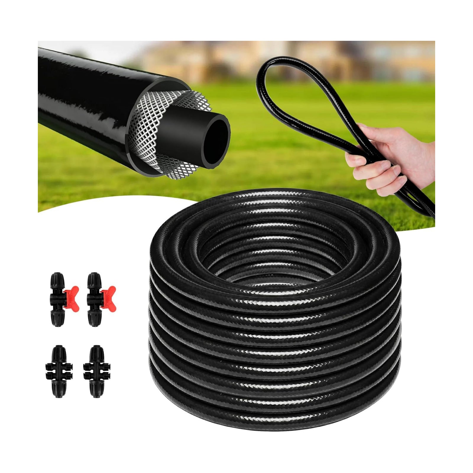 1/2 Inch Drip Irrigation Tubing 75FT Flexible Garden Water Hose Supply | Black Outdoor Hose with 2 Six-Way Connectors &