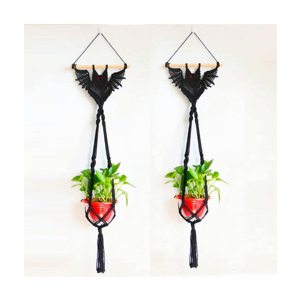 2-Pack Boho Bat Shape Gothic Plant Hanger, Macrame Handmade Pot Holder with Wooden Stick, Black Color Pot Holder for