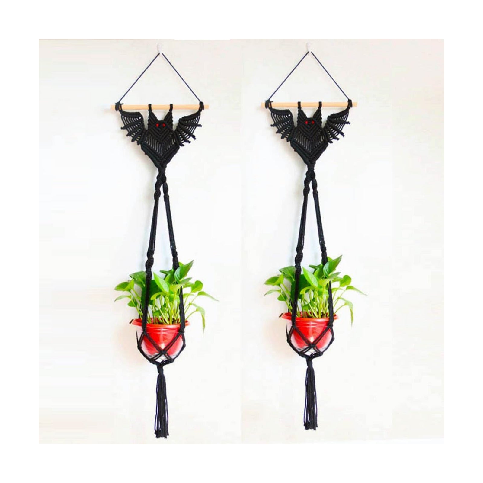 2-Pack Boho Bat Shape Gothic Plant Hanger, Macrame Handmade Pot Holder with Wooden Stick, Black Color Pot Holder for