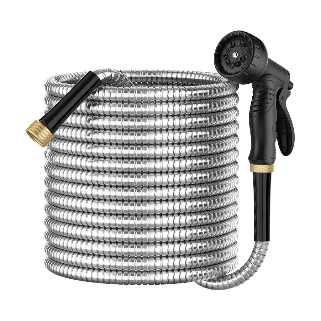 BlueGarden Metal Garden Hose 50 ft with 10 Function Nozzle,No Kinking,Flexible,Heavy Duty & Lightweight Water