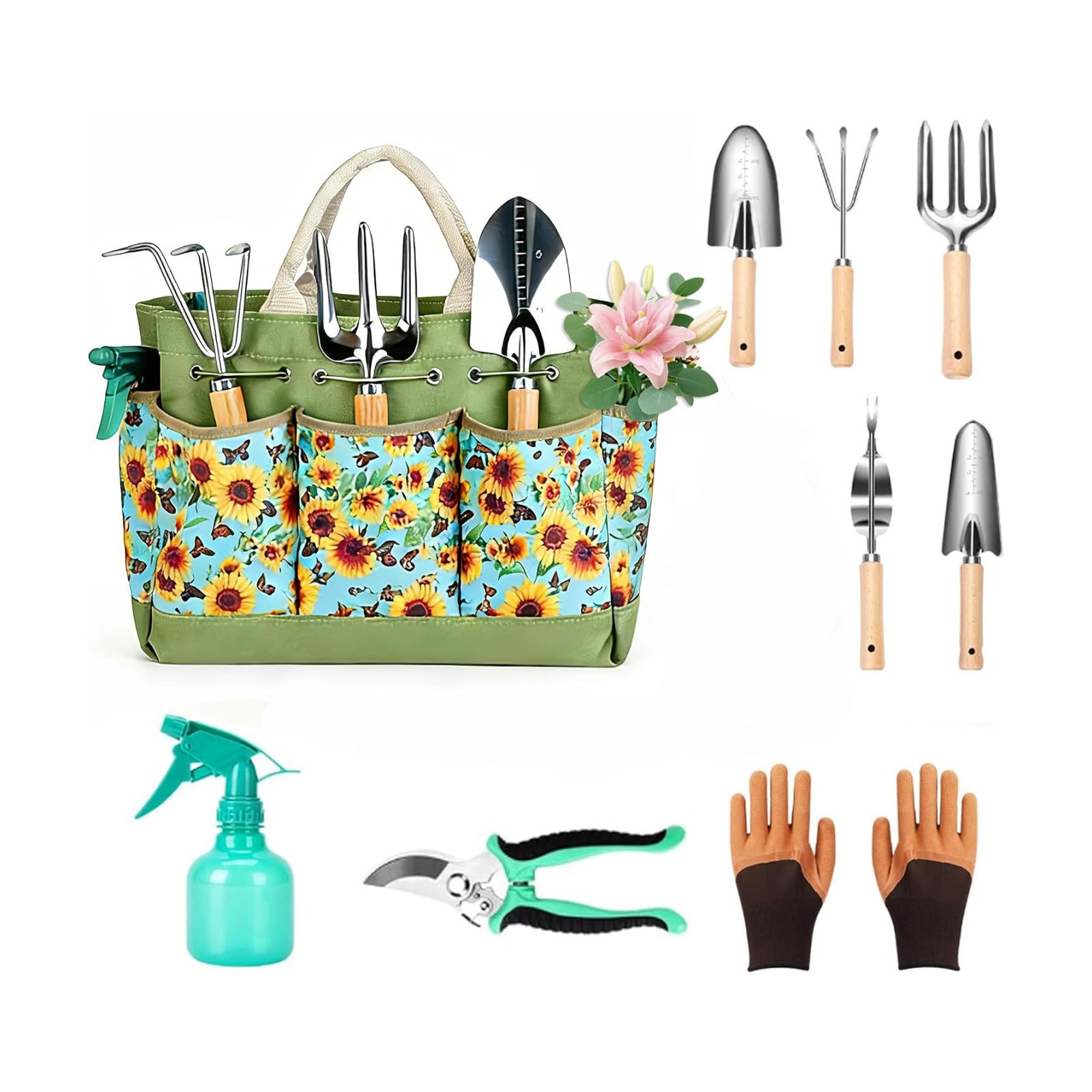 Garden Tool Set, 9 Pcs Heavy Duty Stainless Steel Gardening Hand Tool, Yellow Garden Tool Bag Kit, Gardening Supplies
