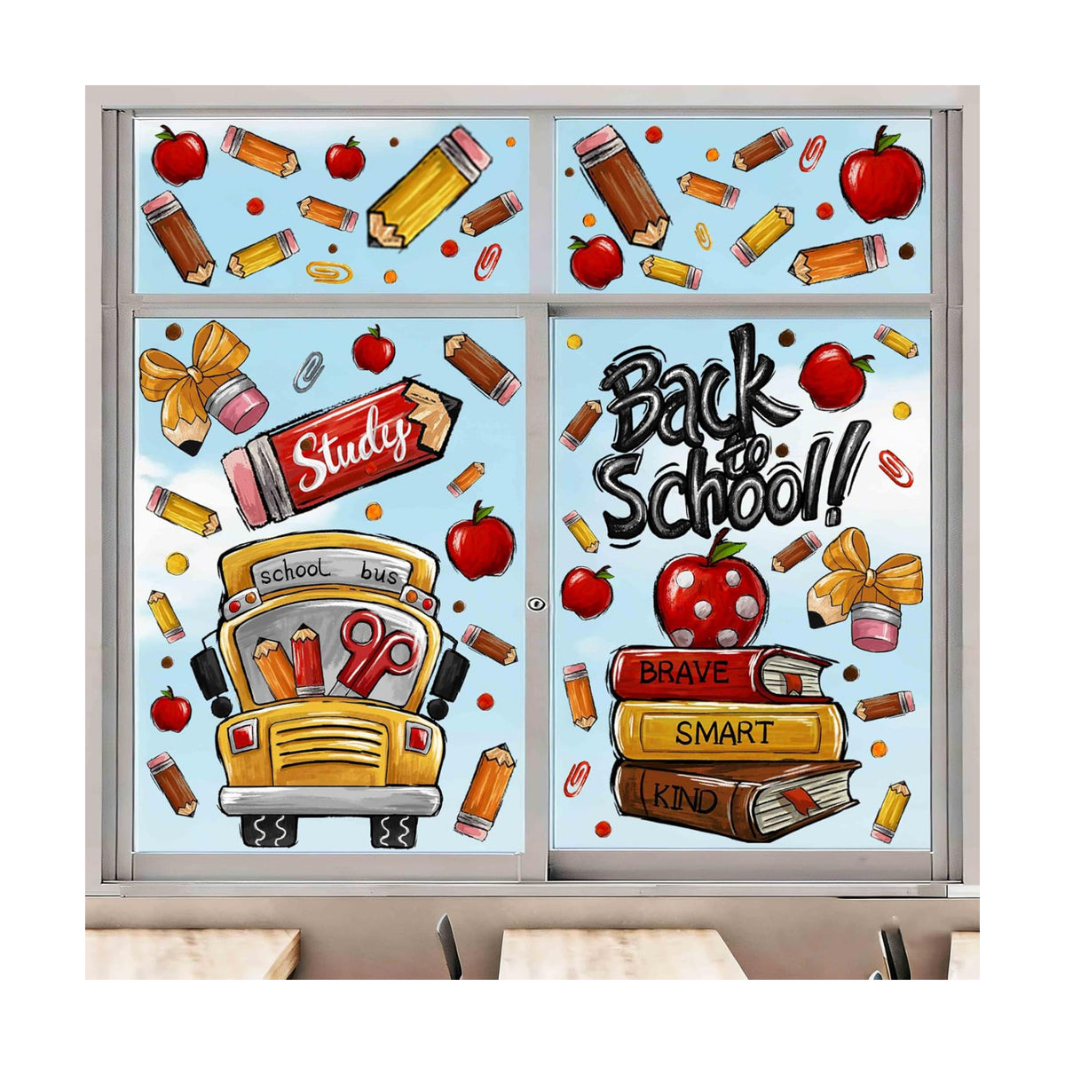 Back to School Window Cling Decor School Bus Pencils Apple Window Stickers