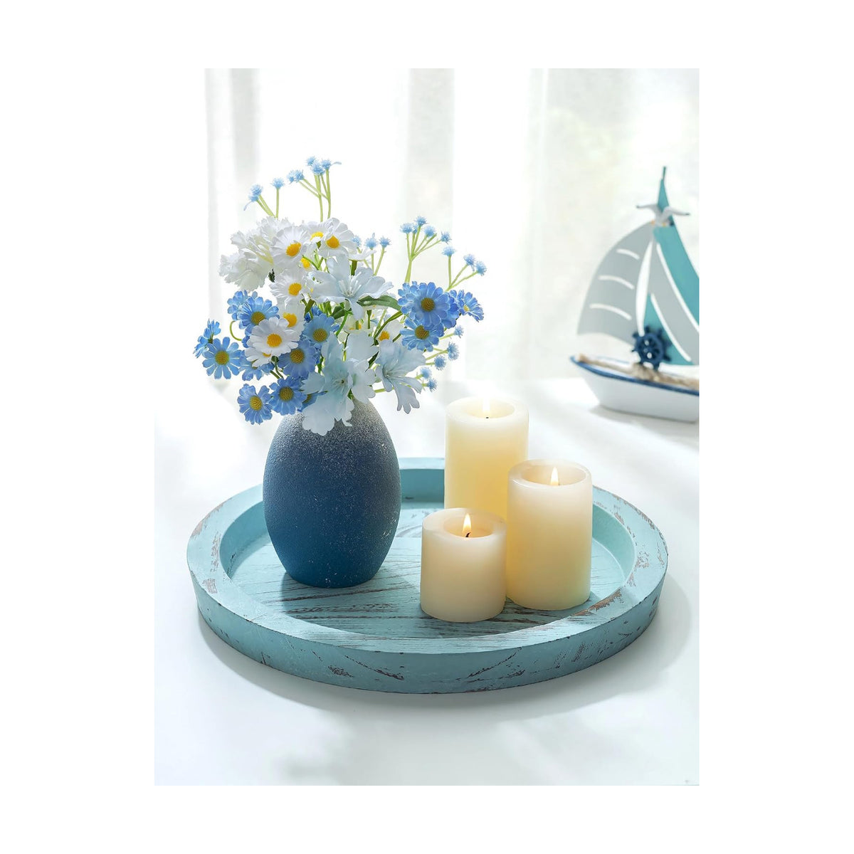Hanobe Round Wood Candle Holder Tray, Ocean Blue Coastal Coffee Table Decor