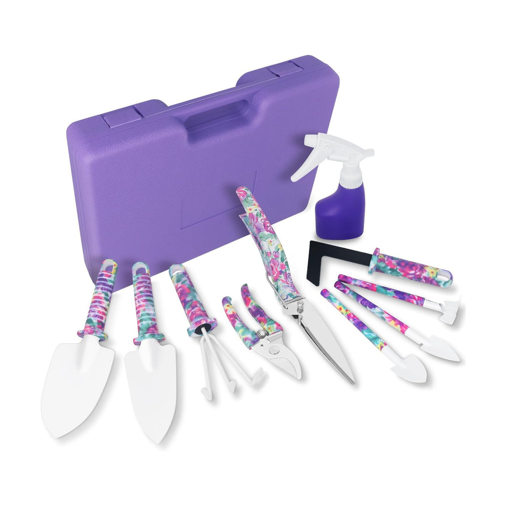 10-Piece Garden Tool Set with Sturdy Carrying Case – Purple Floral Gardening Set for Women – Ergonomic Garden Hand