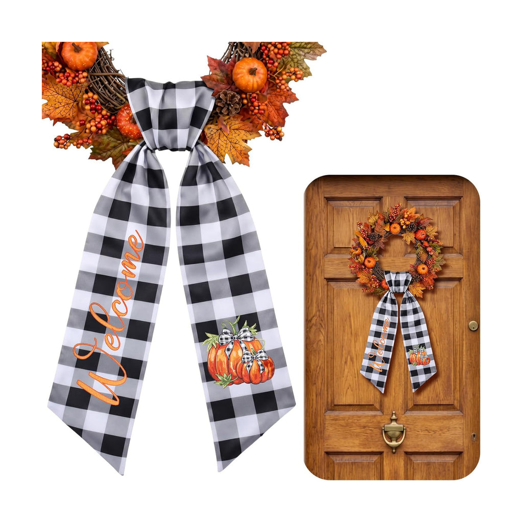 VitalCozy Fall Pumpkin Wreath Sash for Front Door Buffalo Plaid