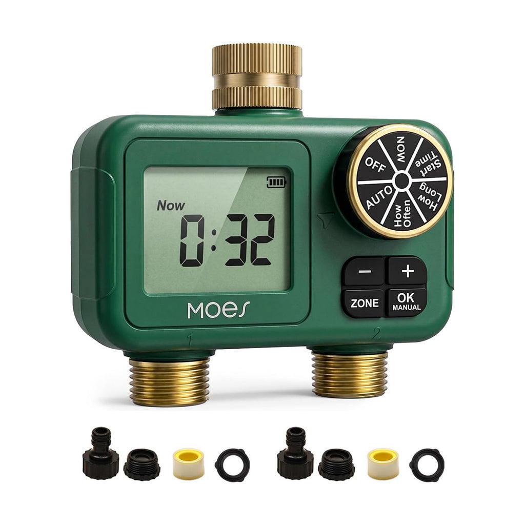 MOES 2-Zone Water Timer for Garden Lawn Hose, Brass 3/4 Inlet & Outlets | Independent Dual-Outlet Sprinkler Timer