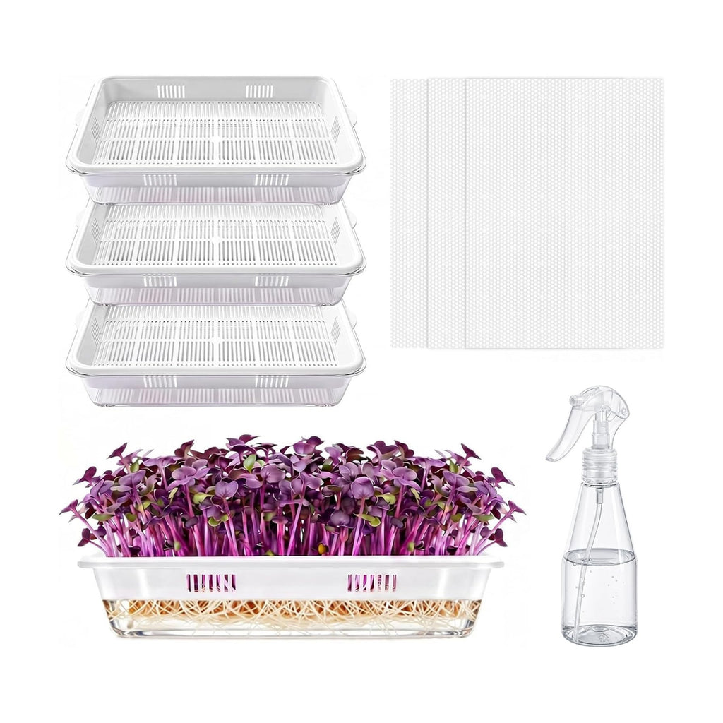 3 Pack Microgreens Growing Trays with Drain Holes, Acrylic Germination Trays with Silicone Mats and Spray Bottle, BPA
