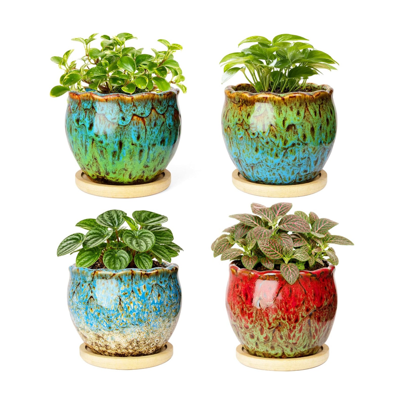 ARTKETTY Succulent Pots, 4 Inch Plant Pots with Drainage Tray | Small Ceramic Pots for Indoor Plants Set of 4, Round