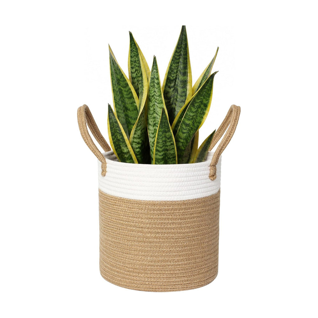 Woven Basket for Plant, 11"x11" Planter Basket for 10" Pot, Indoor Boho Artificial Tree Planter, Round 10 inch Flower Pot Cover, Rattan Holder with Handle for Plants, Jute Spliced Cotton Rope