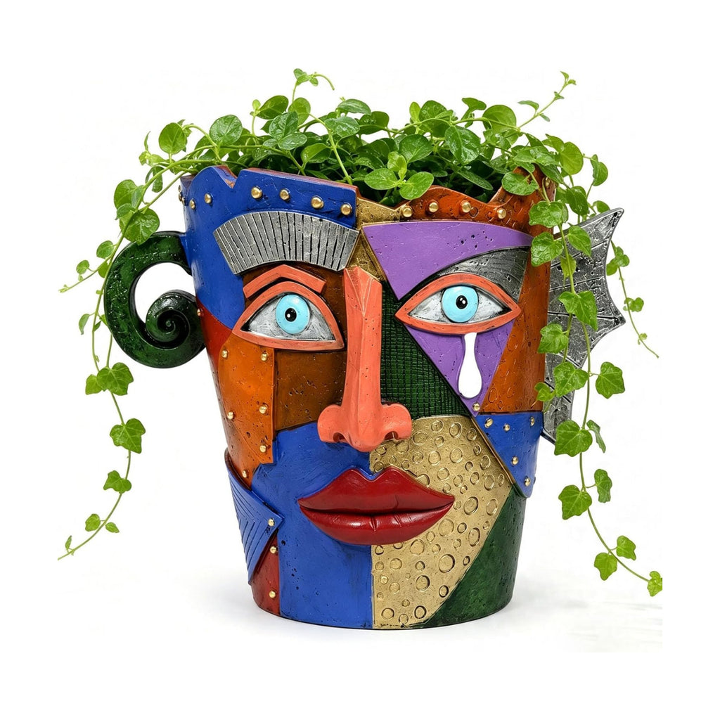 Picasso Abstract Face Planter, Resin Head Pot, for Indoor Outdoor | Handmade cubist planter with drainage hole for