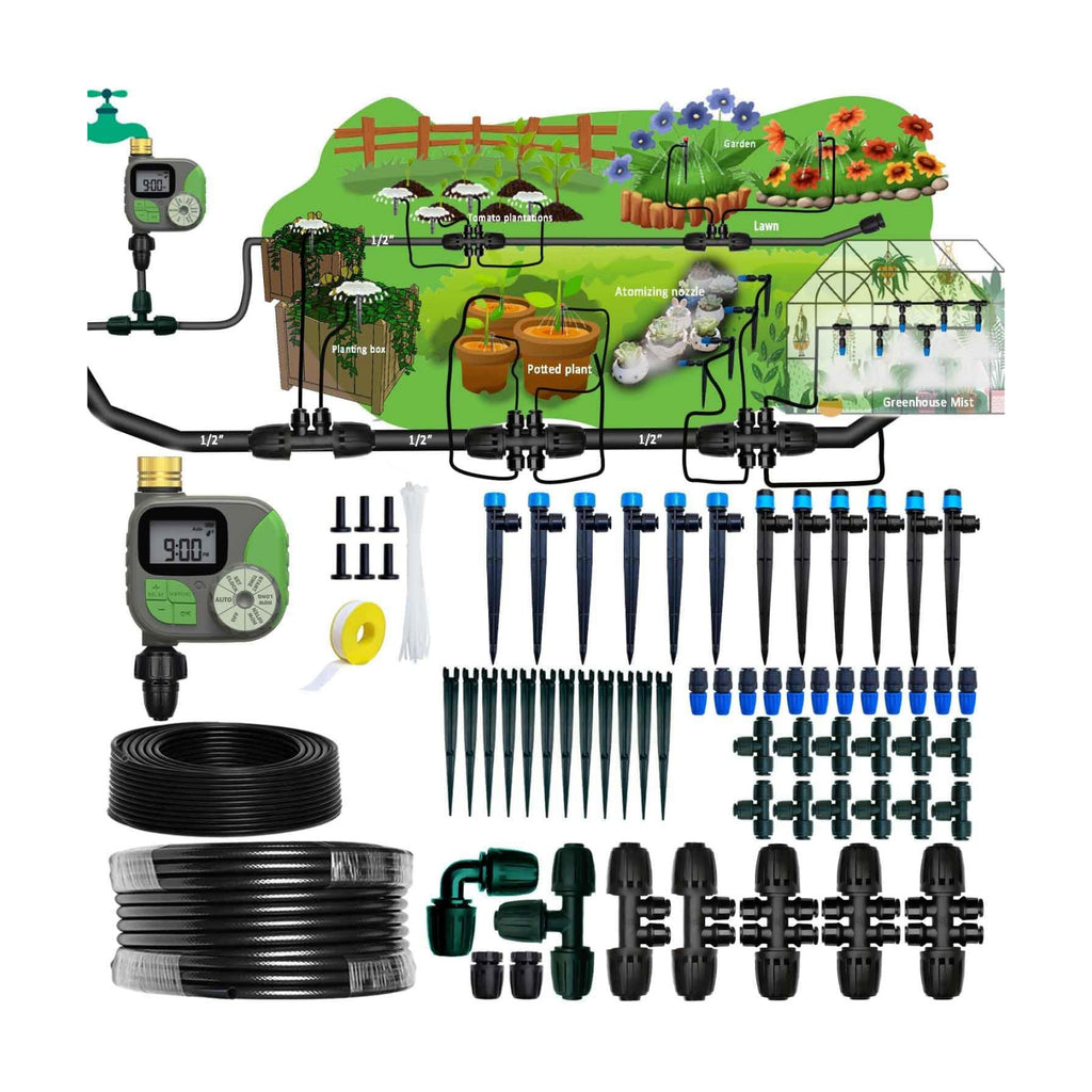 Drip Irrigation System with Timer for Garden,Main ID 1/2inch 16.5Ft and 1/4inch 96Ft Water Hose, Automatic Watering