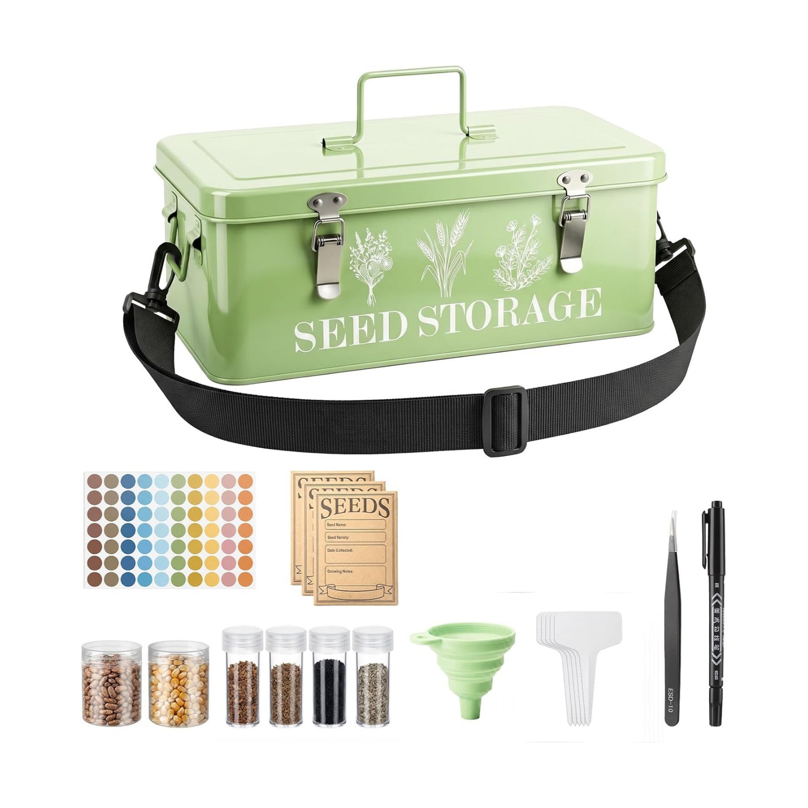Seed Storage Organizer with Strap, 10 Large & 30 Small Bottles, Dual Locks | 70 Labels and 60 Seed Envelopes.Zinc Alloy