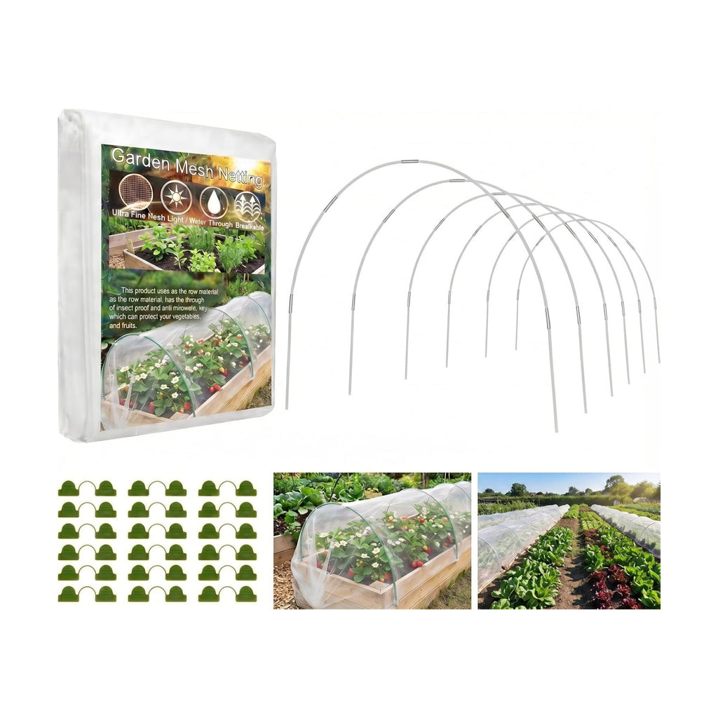Garden Netting Kit for Raised Beds, 10x30FT Ultra Fine Mesh Netting & 5 Sets Garden Hoops with 18 Clips, Greenhouse Row