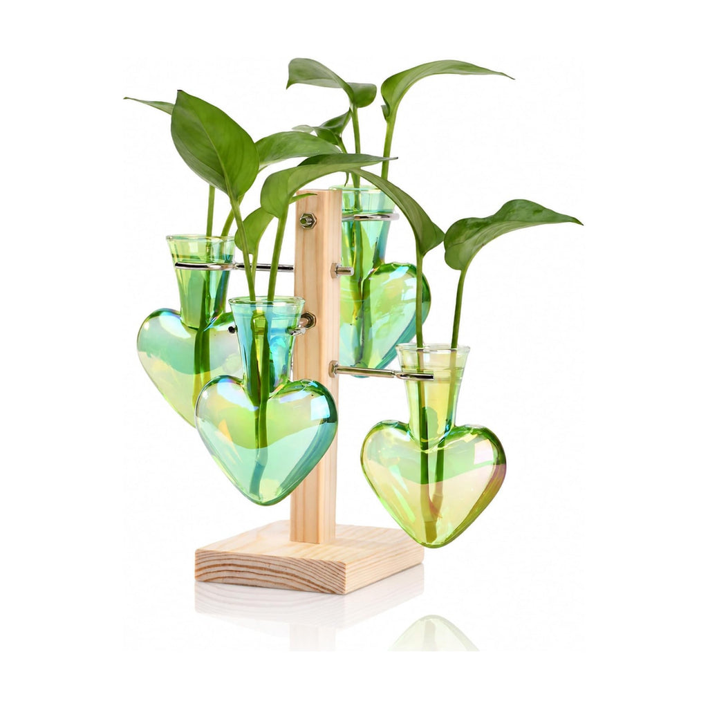 Plant Terrarium Propagation Stations: Green Vase with Wooden Stand | 4 Irised Crystal Glass, Heart Shaped, Home Table