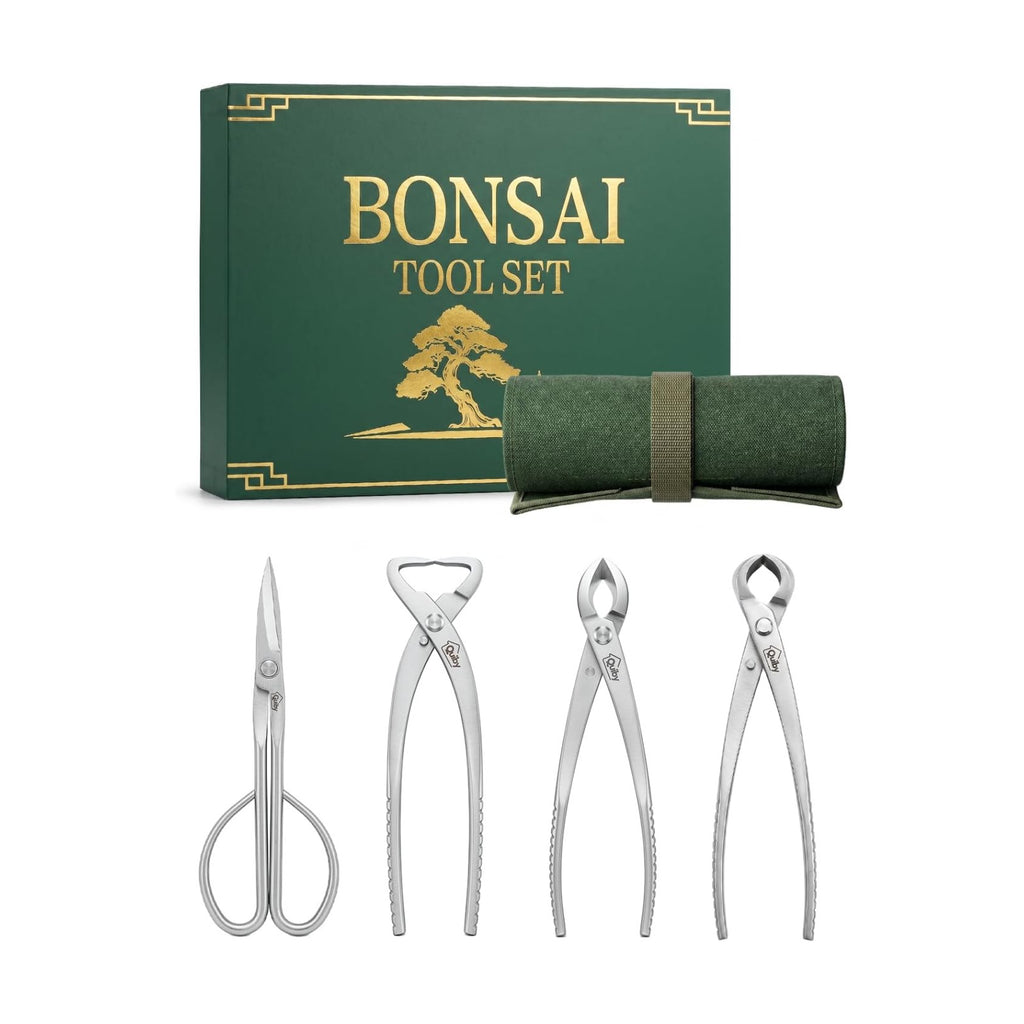 4-Piece Bonsai Tools Set with Tool Roll Bag and Luxury Gift Box | Bonsai Starter Kit, Include Concave Cutter, Knob