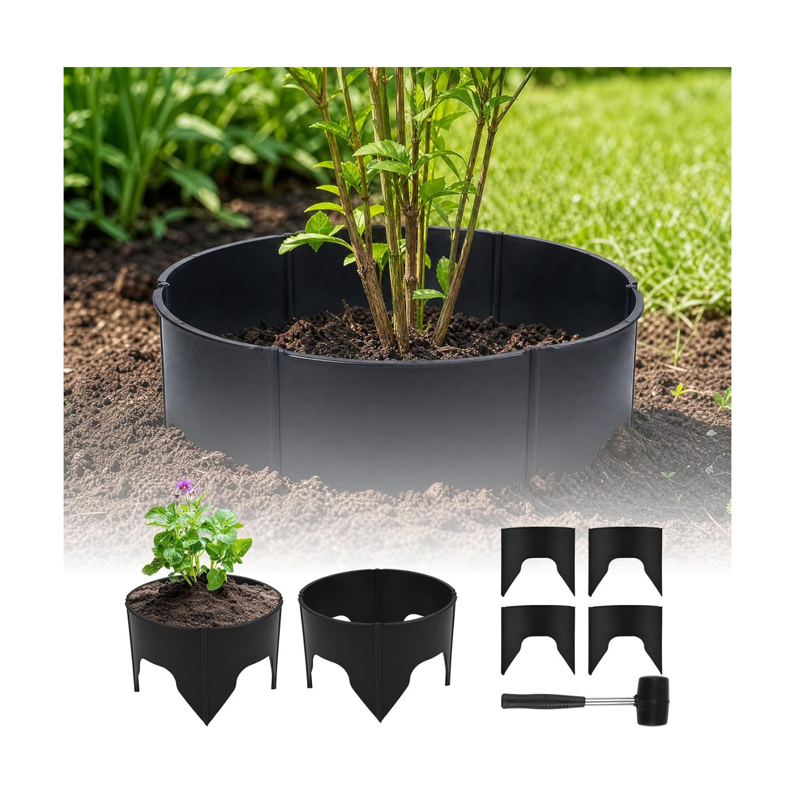 24 PCS Interlocking Planting Grow Rings Panels with Hammer, Black | Snap-together Components, Custom Rings in Varied