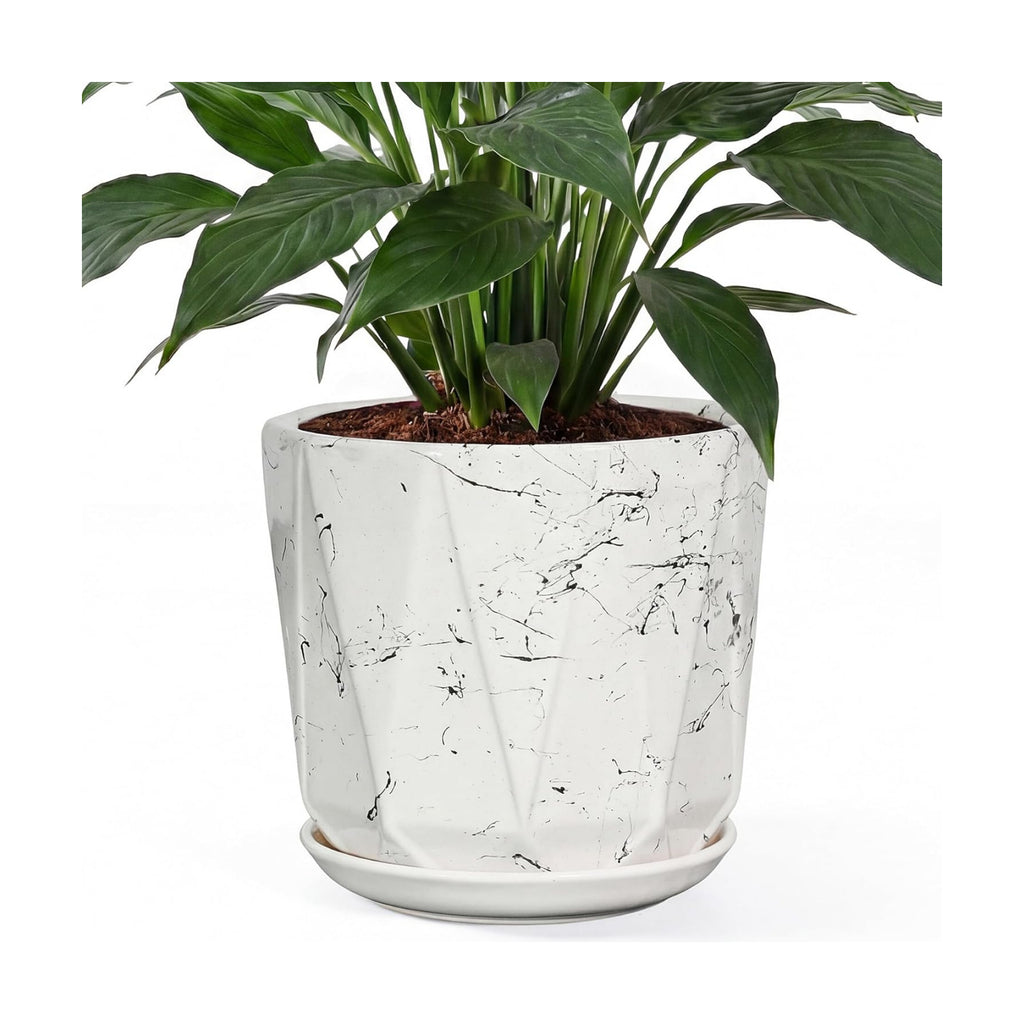 10 Inch Ceramic Plant Pot with Drainage Hole Mesh Net, Large Flower Pots for Indoor Plants with Saucer, Gardening Pots