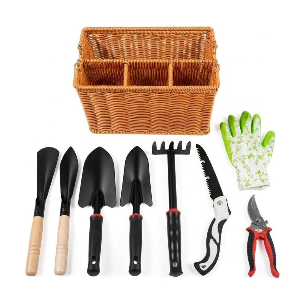 Garden Tools Set, 9 Pieces, Brown | Heavy Duty Stainless Steel, Includes Basket, Pruning Shears, Gloves Included, For