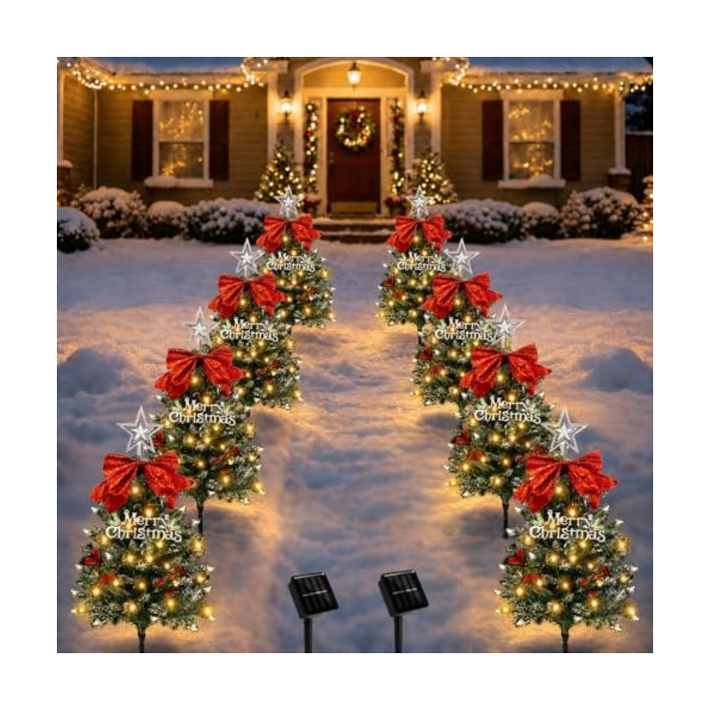 Christmas Tree Solar Pathway Lights Outdoor Decor, 8 Pack, Snowy
