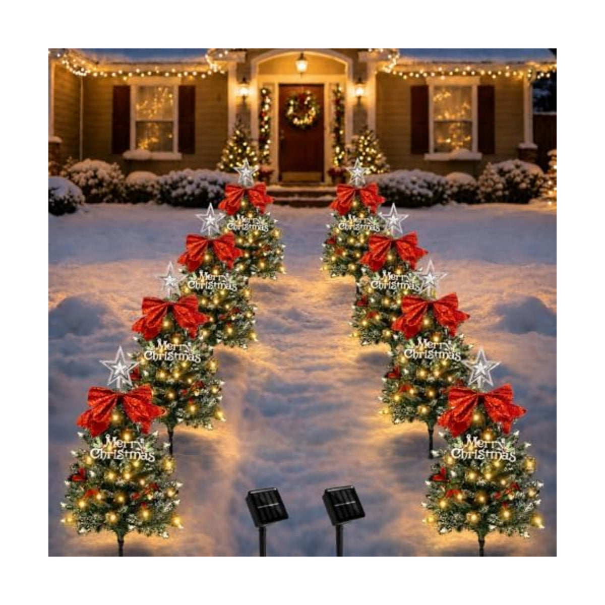 Christmas Tree Solar Pathway Lights Outdoor Decor, 8 Pack, Snowy