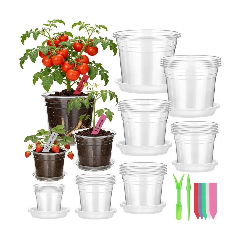 30Pcs Clear Plastic Nursery Pots with Drainage Holes and Saucers, 2.8/3/3.5/4/5/6/7 Inch Grow Seedling Starte Pots with