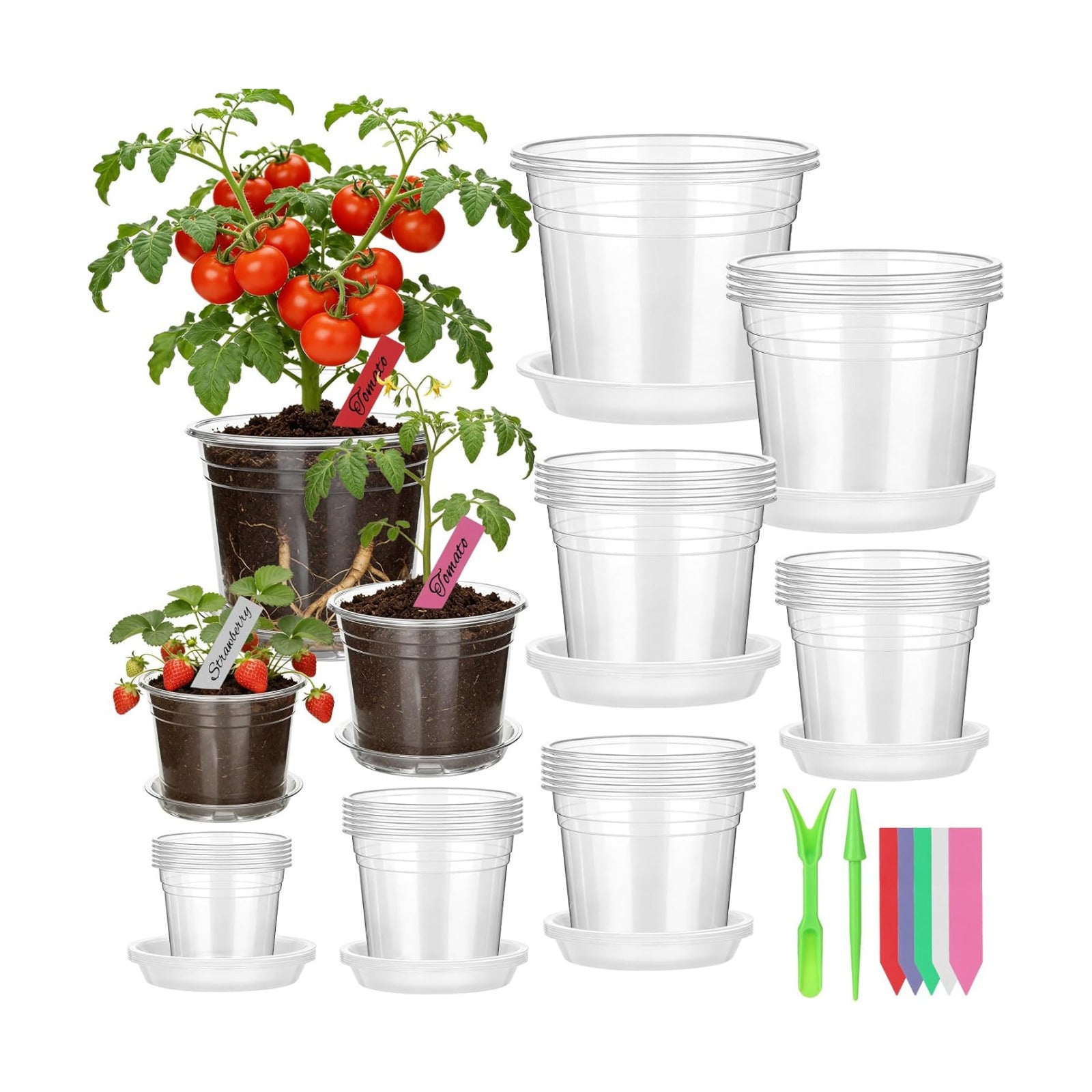 30Pcs Clear Plastic Nursery Pots with Drainage Holes and Saucers, 2.8/3/3.5/4/5/6/7 Inch Grow Seedling Starte Pots with
