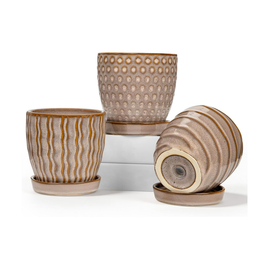 Ceramic Plant Pots with Drainage Holes and Saucers, Set of 3, 4.5 Inch | Stripe Texture Planter Pots for Outdoor Indoor