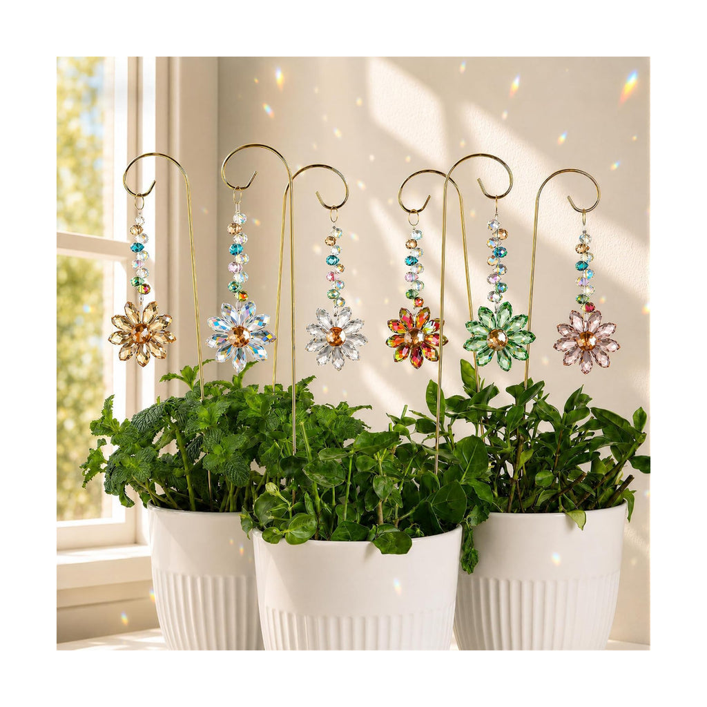 6 Pcs Colorful Crystal Sunflower Suncatcher Garden Stake with Trellis Decor | Crystal Sunflower Sun Catchers Garden
