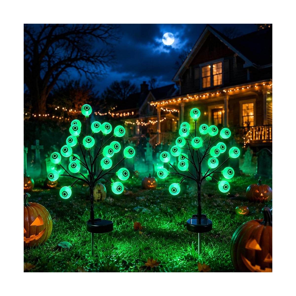 2PCS Solar Eyes Stake Pathway Lights, IP65 Waterproof Halloween Outdoor Decor with Steady On & Flash Lighting Modes，Solar-Powered Decor for Garden Yard Lawn Halloween Party (Green Eyes)