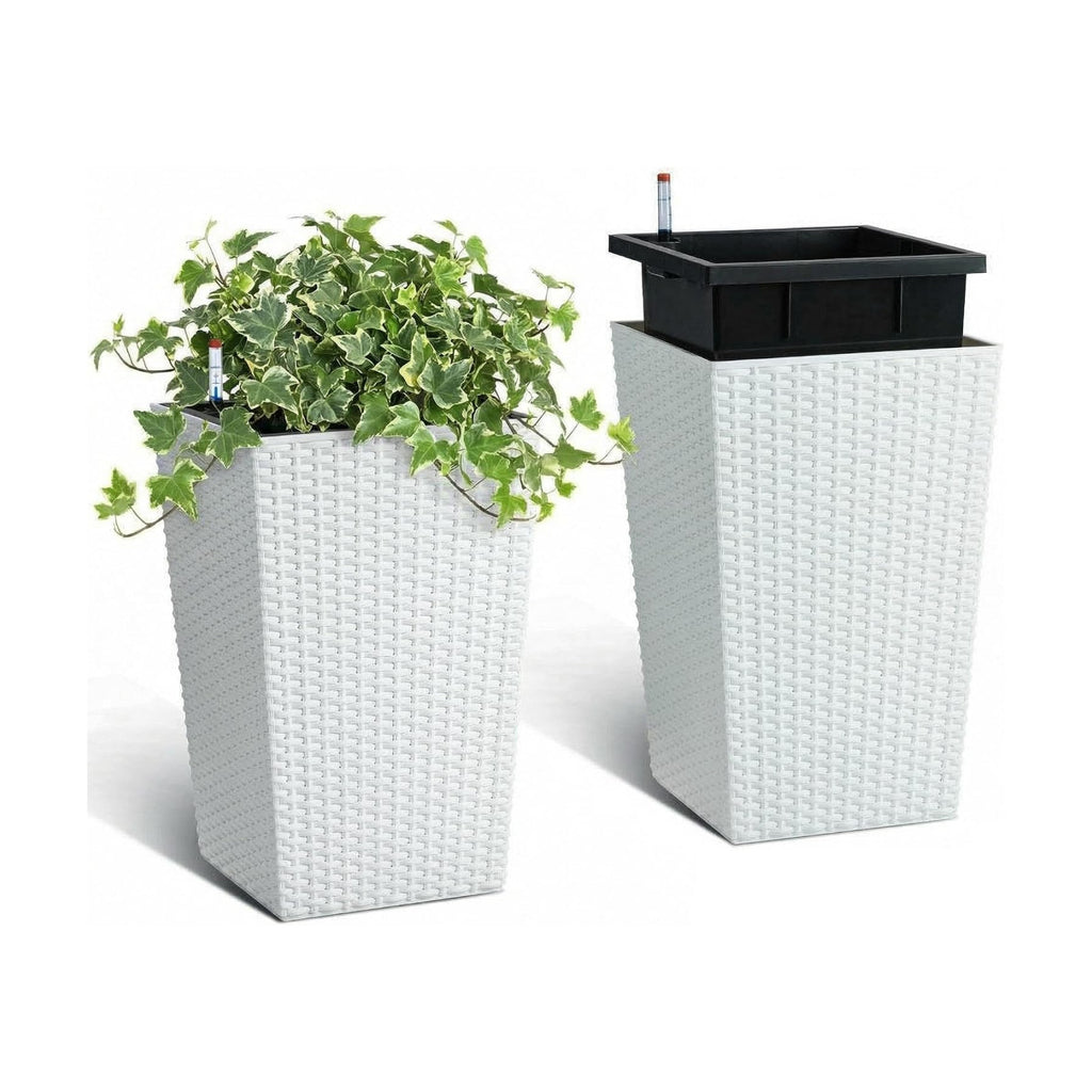 Self-Watering Rattan Tall Planter Pot with Water Level Indicator | Weather-resistant rattan planter, modern decor for
