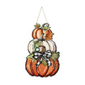 Smile Fall Wooden Door Hanger Stacked Pumpkins and Plaid Bow