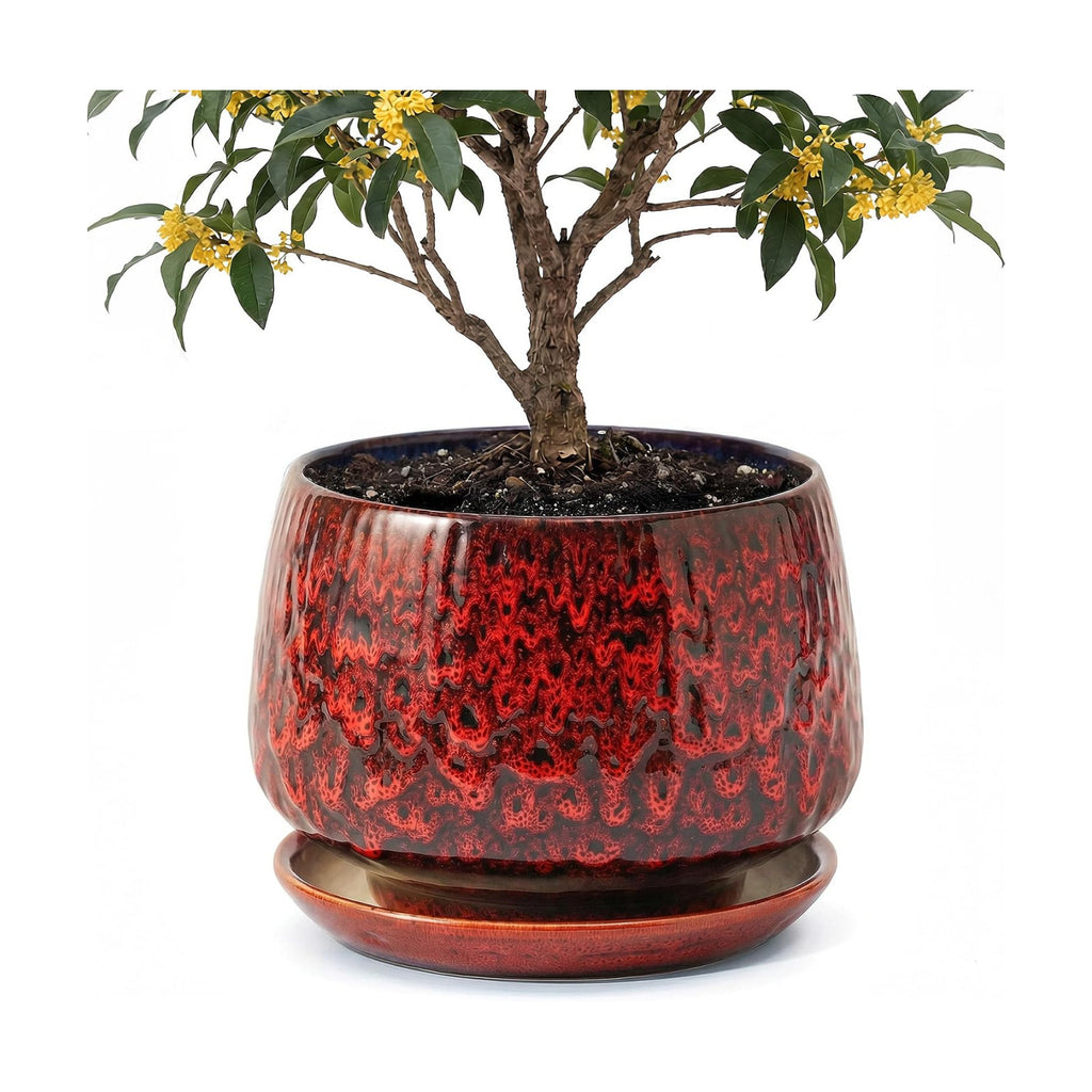 10.3 Inch Ceramic Planter with Saucer,Modern Garden Pots with Drainage Hole Mesh Net, for Indoor Outdoor Use (Speckle