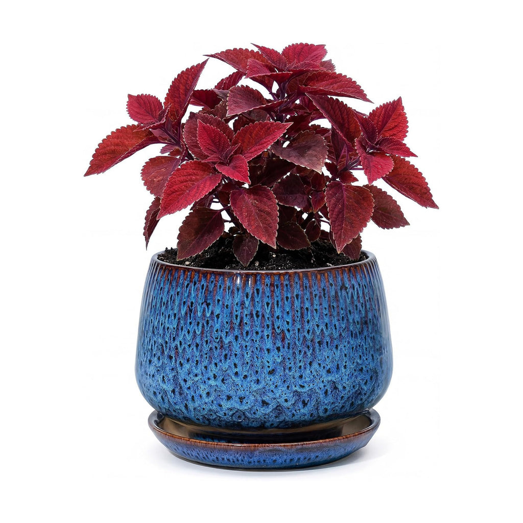 7.5 Inch Ceramic Planter with Saucer,Modern Garden Pots with Drainage Hole Mesh Net, for Indoor Outdoor Use (Speckle