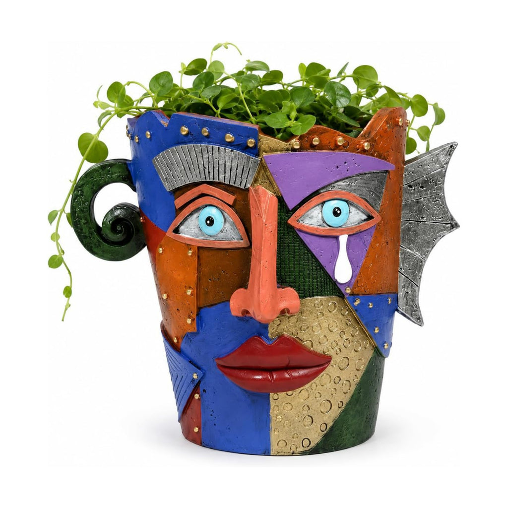 Picasso Abstract Face Planter Colorful Head Planter for Indoor Outdoor | Handmade Resin Art Pot with Drainage | Picasso