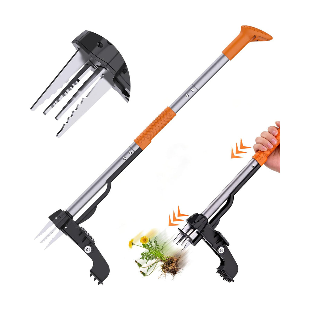 Stand Up Weed Puller Tool - 4-Claw Steel Head Hand Weeding Tool - 40" Retractable Handle with Easy-Eject Mechanism for