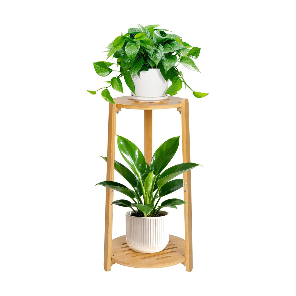 2 Tier Round Bamboo Plant Stands Shelf Indoor Wooden Corner | Tall Flower Pot Stands Shelf Plant Pedestal Holder Rack