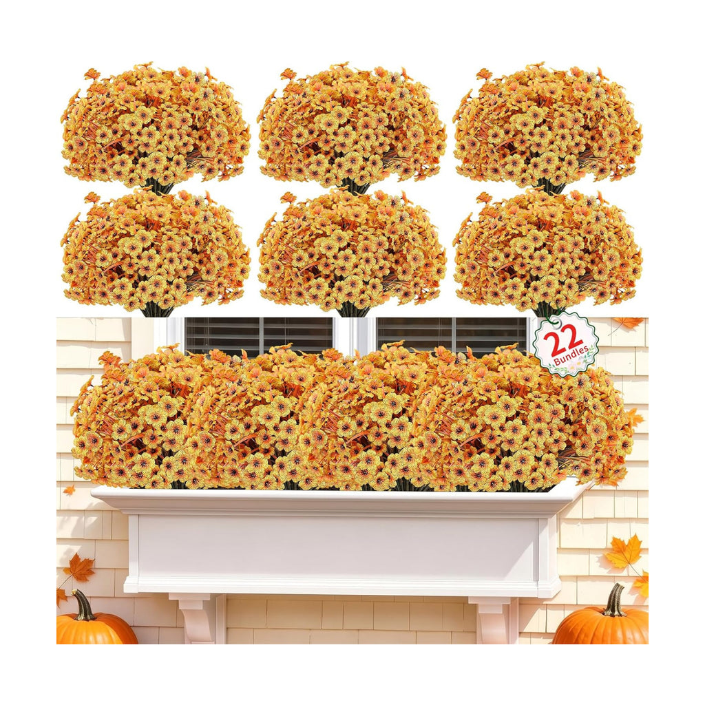 22 Pack Artificial Flowers for Outdoor Indoor Fake Plants(Autumn Yellow) | Faux Silk Flowers for Outdoors Outside Front