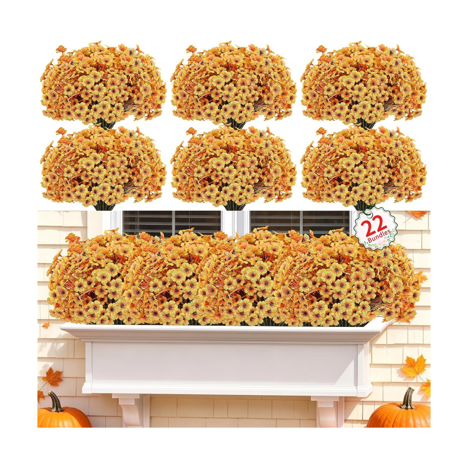 22 Pack Artificial Flowers for Outdoor Indoor Fake Plants(Autumn Yellow) | Faux Silk Flowers for Outdoors Outside Front