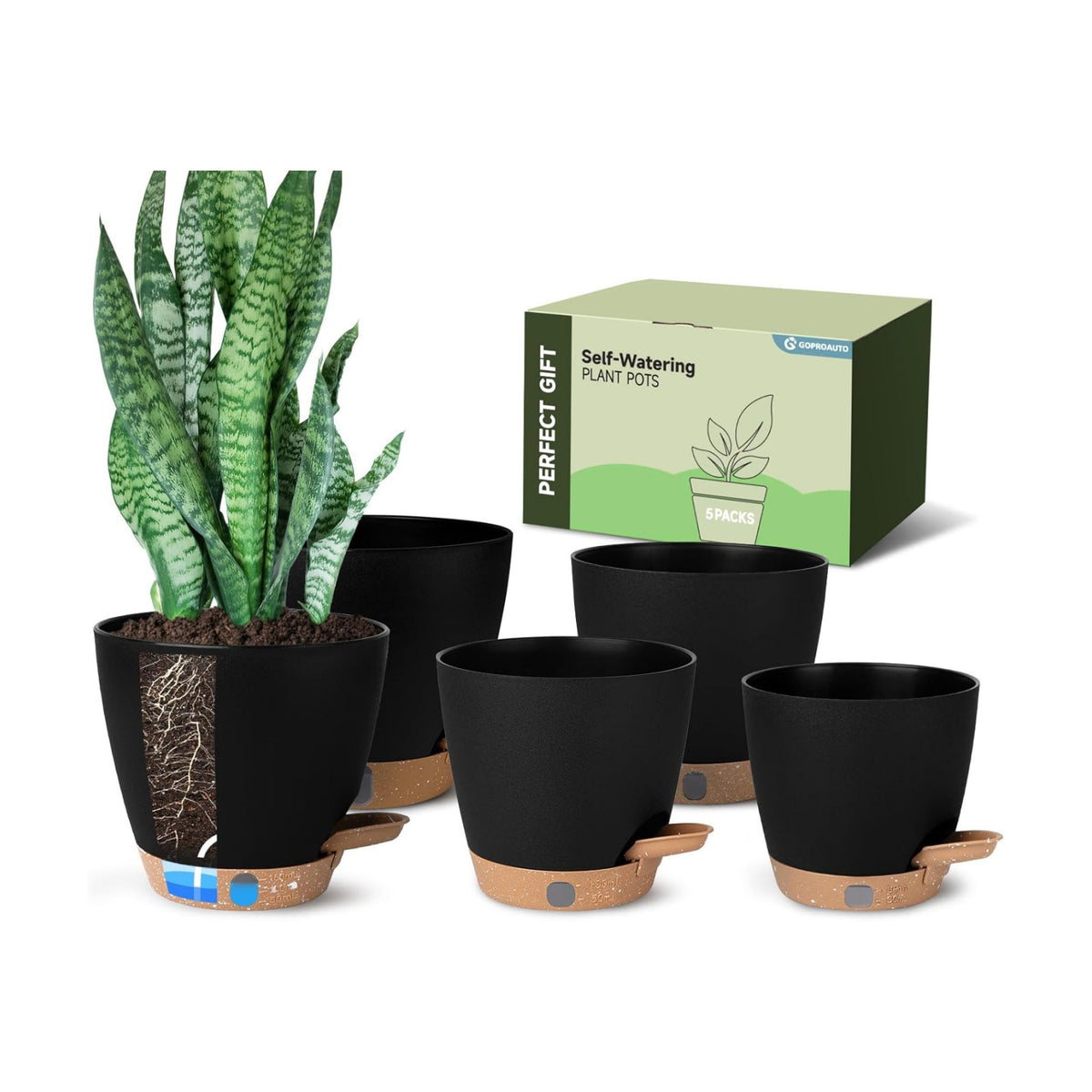 Self Watering Pots for Indoor Plants (5/5.5/6/6.5/8 Inch), Terra Cotta Planters with Water Level Indicator & Drainage,Wicking Pots for Monstera, Herbs & Snake Plant (Black, 5/5.5/6/6.5/8 Inch)
