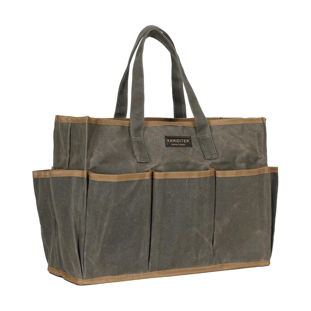 Waxed Canvas Garden Tool Bag Tote, 14 Inch Tool Bag with 10 External Pockets & 1 Large Compartment, Army Green