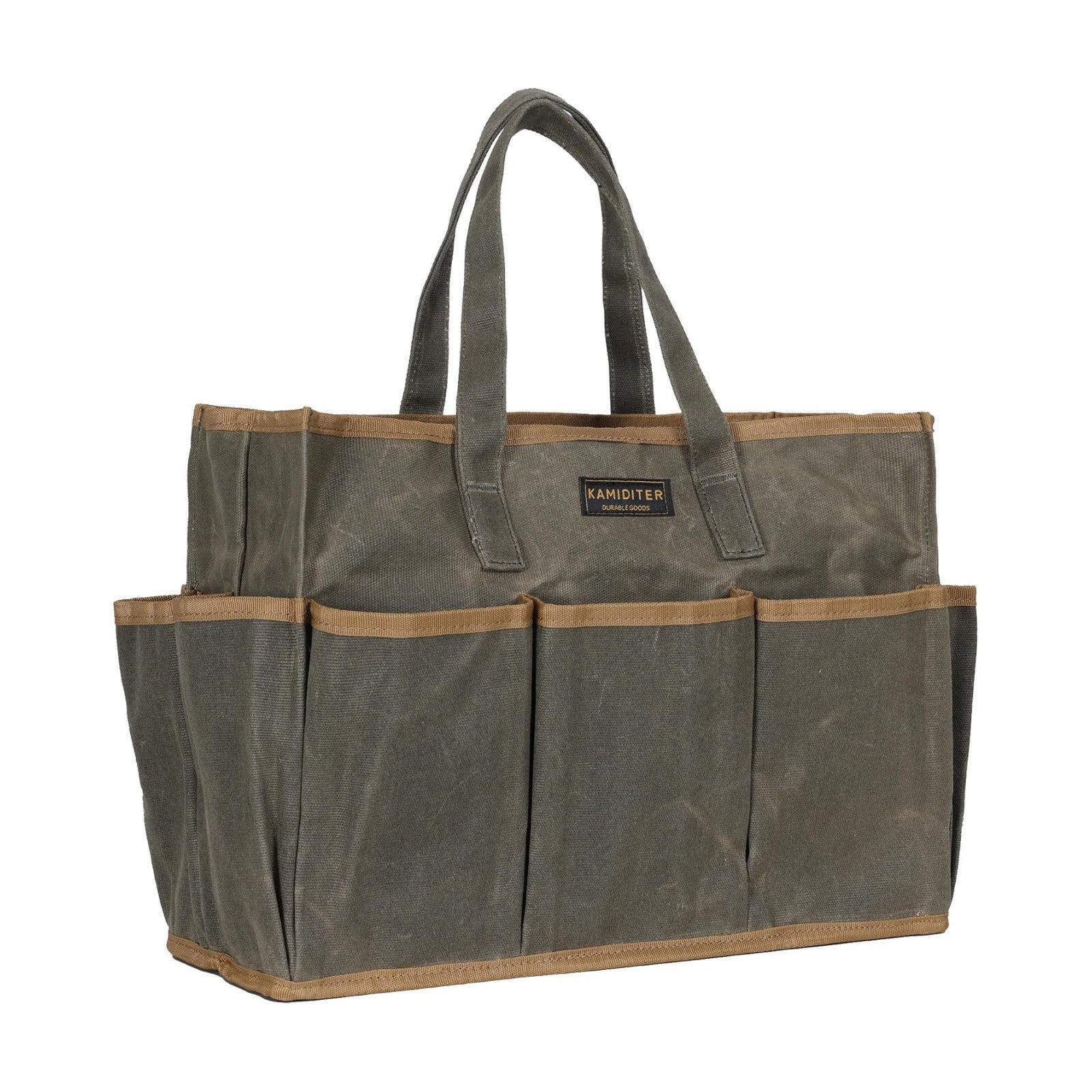 Waxed Canvas Garden Tool Bag Tote, 14 Inch Tool Bag with 10 External Pockets & 1 Large Compartment, Army Green