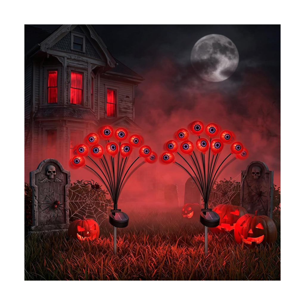 JUSTUP 2PCS Halloween Red Eyeball Solar Lights, IP55 Waterproof Outdoor Lawn Lighting with 10-LED LED Chips, Spooky Ambience Garden Decor for Gardens Lawns & Halloween Parties