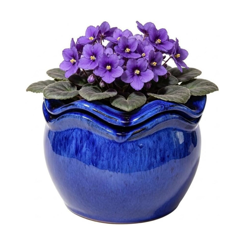 Ceramic Self-Watering African Violet Pots for Indoor Plants | 6.5 inch, Falling Blue, reactive glaze, self-watering