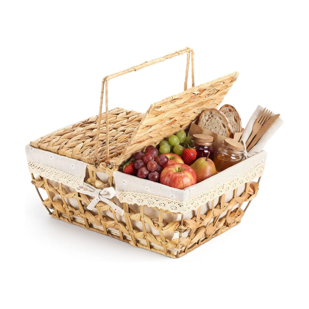 LemonRoad Wicker Picnic Basket with Handle & Lid, 14" Water Hyacinth & Seagrass Hand Woven Basket with Removable Liner