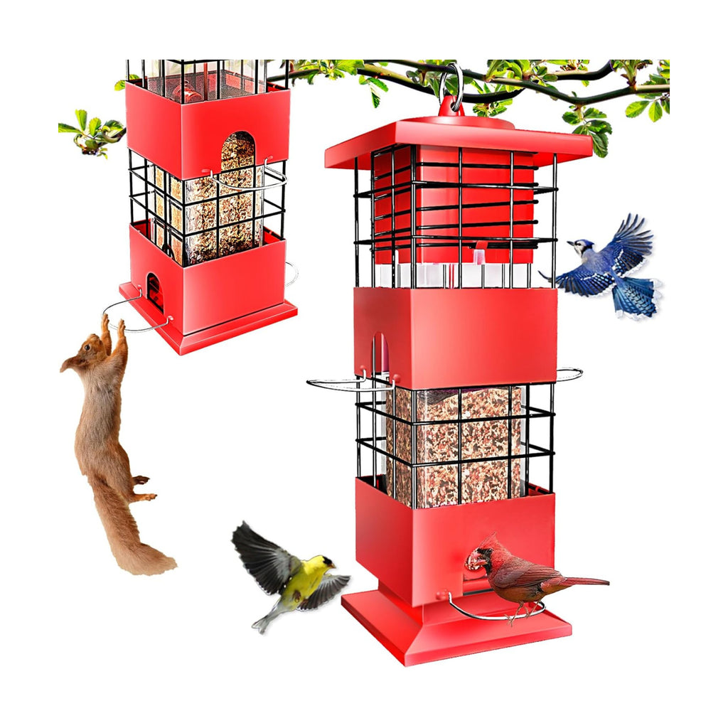Squirrel Proof Bird Feeder, 3.5Lbs Metal Wild Bird Feeders Anti Squirrel with 4 Feeding Ports for Garden Bird Feeding Station Outdoors Hanging, Pigeon Resistant, Easy to Clean & Refill (Red)