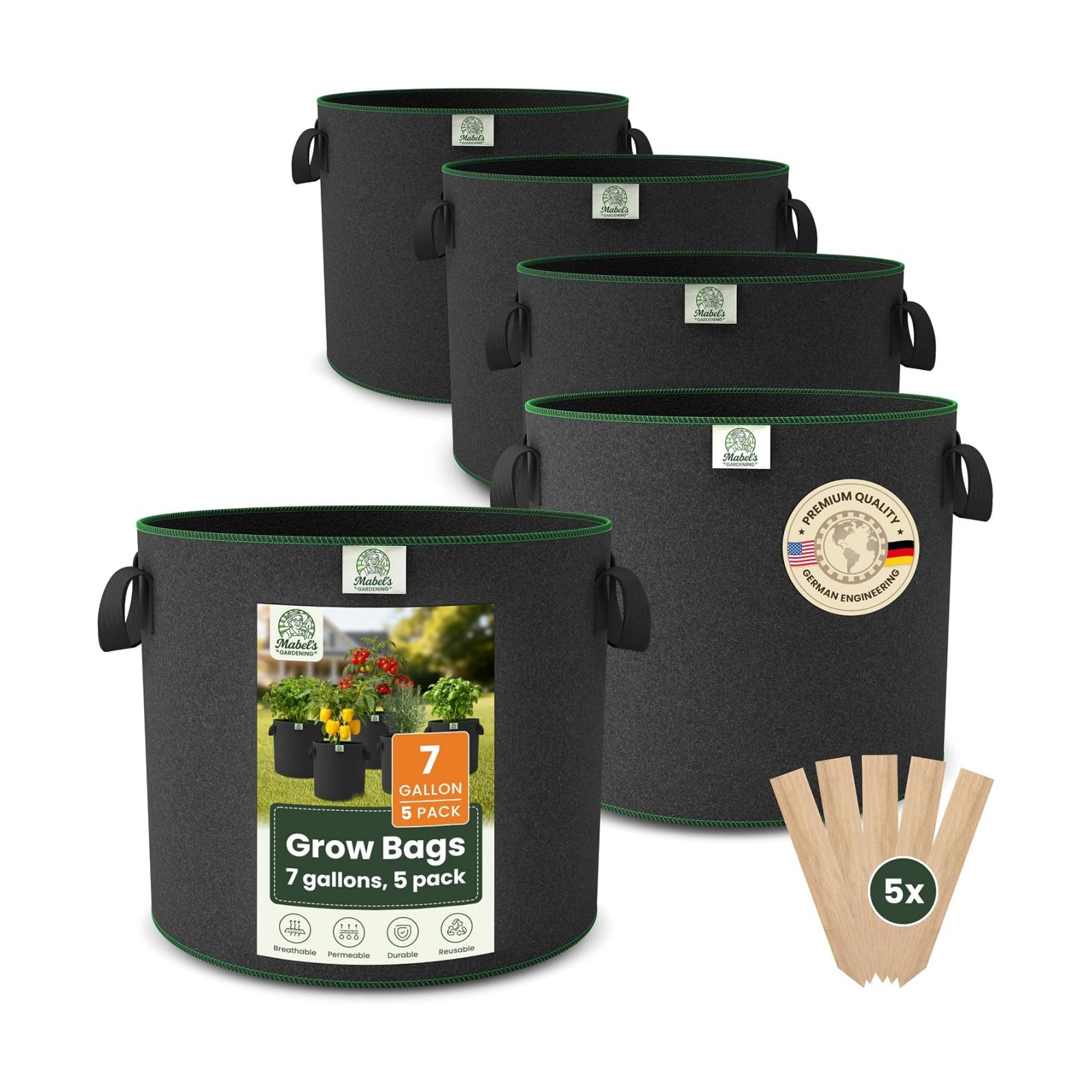 Mabel's Gardening 5-Pack 7 Gallon Grow Bags - Garden Planting Bags 13.4 x 11.4 INCH Made of 8.85 oz/yd² (300g/m²) Felt