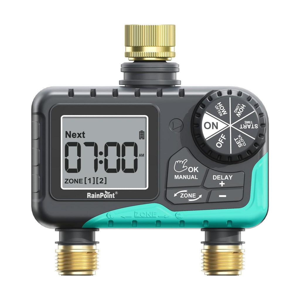 RAINPOINT 2 Zone Sprinkler Timer with Brass Inlet and Outlet - Water Timer for Garden Hose with Rain Delay/Manual