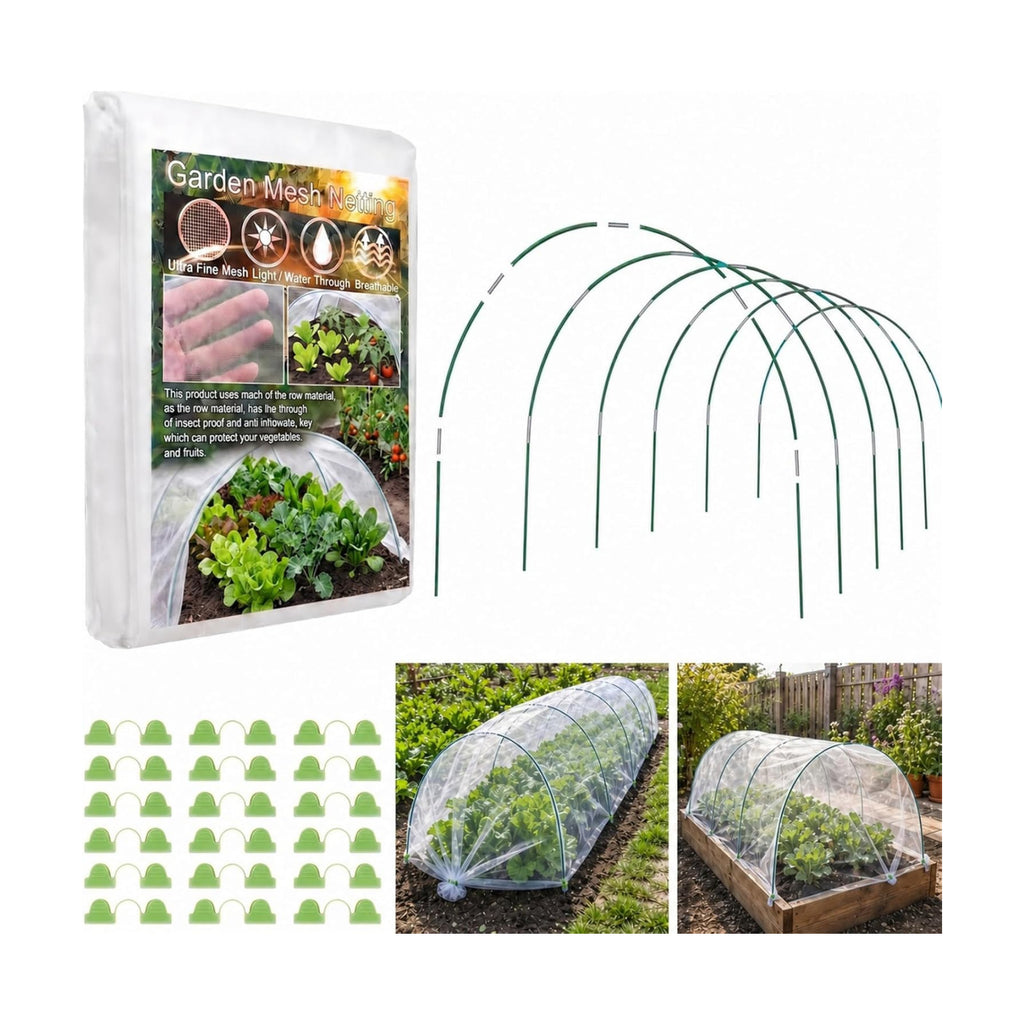 Garden Netting Kit, 10x30FT Ultra Fine Garden Mesh Netting with 6 Sets Garden Hoops, Insect Netting for Garden